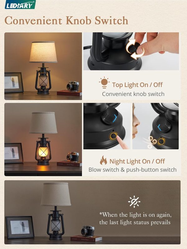 windphoto 18.72" Blow-Controlled LED Lantern Flickering Flame Table Lamps for Bedrooms Set of 2, Small Farmhouse Rustic Black End Table Lamps, Halloween Decorative Lantern Bedside Lamps for Living Room
