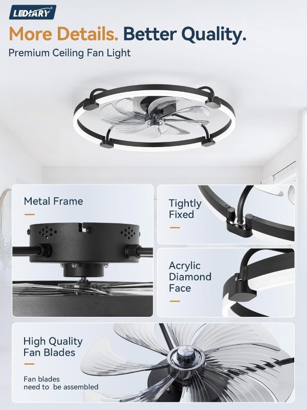 windphoto 24" Low Profile Ceiling Fans with Lights, Remote/APP Control, Black | Wider Airflow, Stepless Dimmable LED, Quiet Reversible DC Motor, 6 Speeds, 3CCT, Timer, Bedroom, Living Room, Kitchen