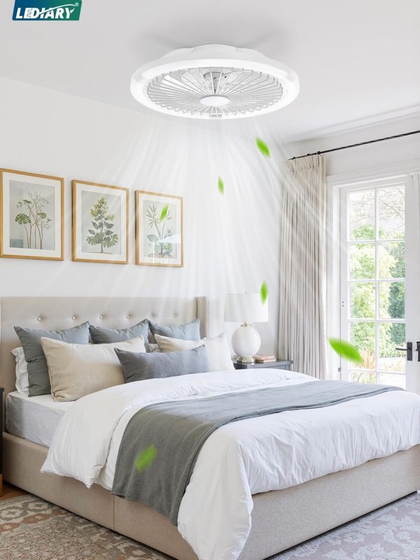 windphoto 20" Low Profile Bladeless Ceiling Fan with Light, Remote&APP, White | Flush Mount, 6 Speed Adjustable, 3000-6000K Dimmable LED, Modern Enclosed Fandelier with Timming, Bedroom, Kids Room