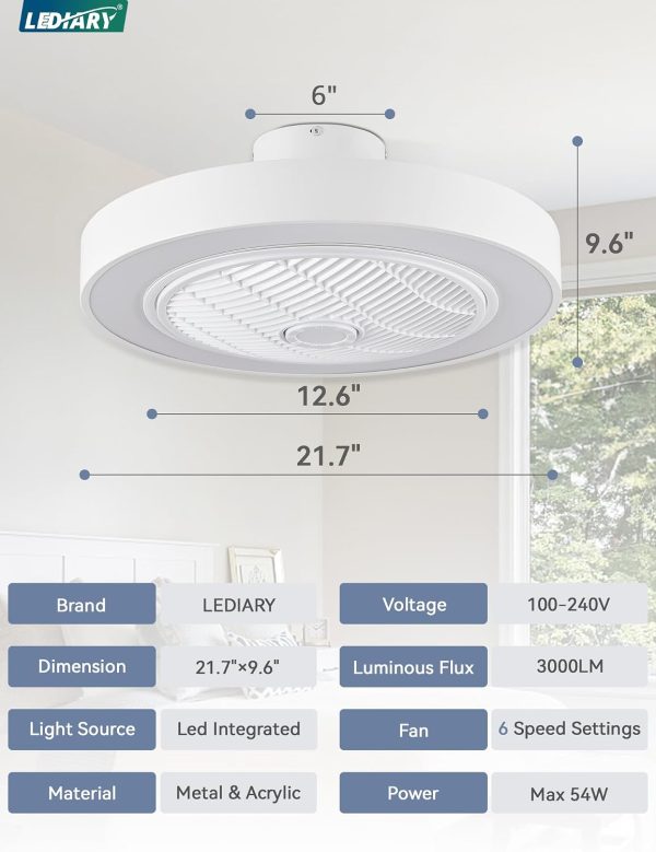 71GpAFemvqL._AC_SL1500_.jpg windphoto 22in Bladeless Enclosed LED Ceiling Fan Light with Remote, White | Flush Mount, Modern, 6 Speed Adjustable, 3000-6000K Dimmable, 3000LM, Indoor Bedroom Living Room, Remote/APP Control
