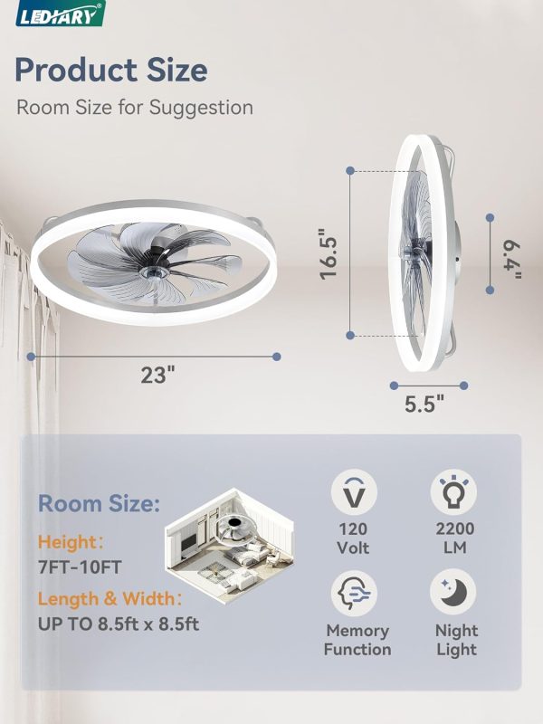 windphoto 23" Low Profile Ceiling Fans with Lights, APP & Remote, Grey | Flush Mount, Dimmable LED, Quiet DC Motor, Reversible, 6 Speeds, Fandelier, for Bedroom