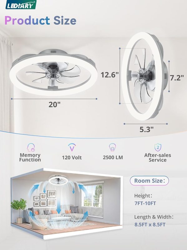 windphoto 20" Ceiling Fans with Lights and Remote for Bedroom, Grey | RGB Low Profile Fan Light, 3000K-6000K Stepless Dimmable, 6 Speed, Reversible DC Motor, APP & Remote Control, Low Noice