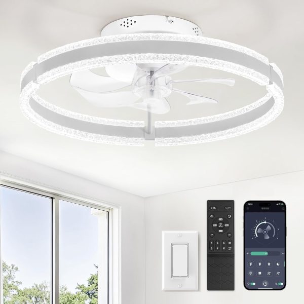 windphoto Ceiling Fans with Lights and Remote, 20'' Low Profile Ceiling Fan with Light, 3000-6000K Dimmable Fandelier Ceiling Fans, Modern Flush Mount Fan Light for Bedroom with 6 Wind Speeds- White | 3000-6000K Dimmable LED, 6 Wind Speeds, Quiet Reversible DC Motor, Small Flush Mount Fandelier for Bedroom, Living Room