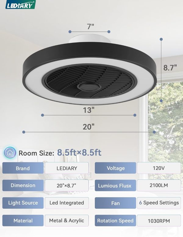 71HUyFNwNdL._AC_SL1500_.jpg windphoto 20 Inch Low Profile Bladeless LED Ceiling Fan Light, Black RGB | Flush Mount, Modern, 6 Speed Adjustable, 3000-6000K Dimmable, 3000LM, Indoor Bedroom Living Room, Remote/APP Control