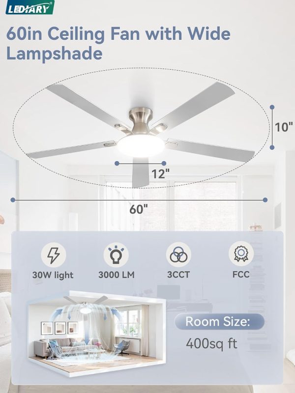 71HZ3Y9VihL._AC_SL1500_.jpg windphoto 60 Inch Flush Mount Ceiling Fans with Lights, Remote & APP Control | 3CCT,Stepless Dimmable,Memory Function,Timer,6-speed,Reversible Blade, Quiet DC Motor, Damp-Rated, Living Room, Covered Patio