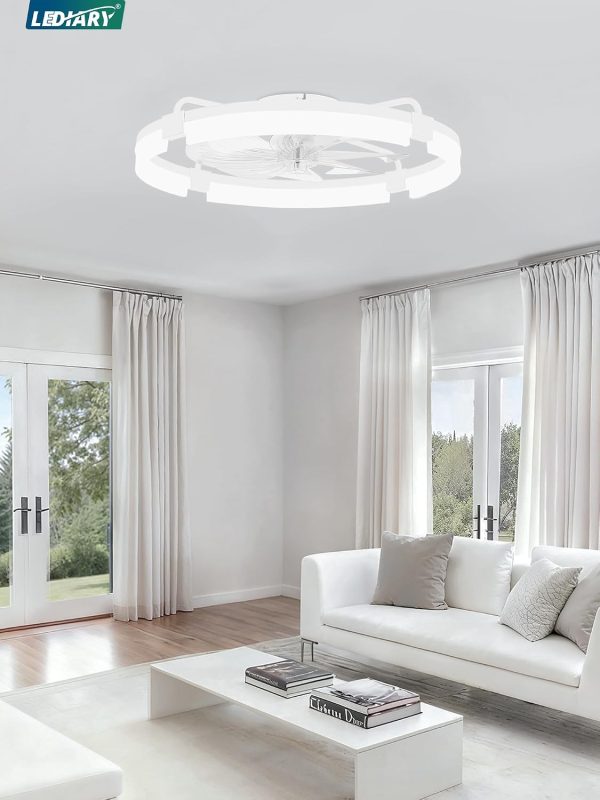 windphoto 24" Ceiling Fans with Lights, Low Profile Fandelier for Bedroom | Flush Mount Fan Light, Stepless Dimmable, App/Remote Control, 3 CCT Led, 6 Speeds, Quiet Reversible DC Motor, White