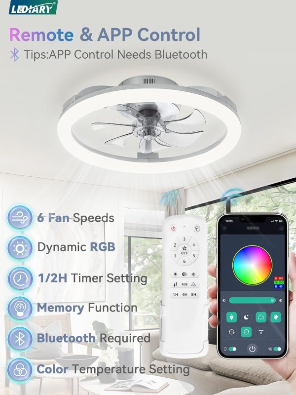 windphoto 20" Ceiling Fans with Lights and Remote for Bedroom, Grey | RGB Low Profile Fan Light, 3000K-6000K Stepless Dimmable, 6 Speed, Reversible DC Motor, APP & Remote Control, Low Noice