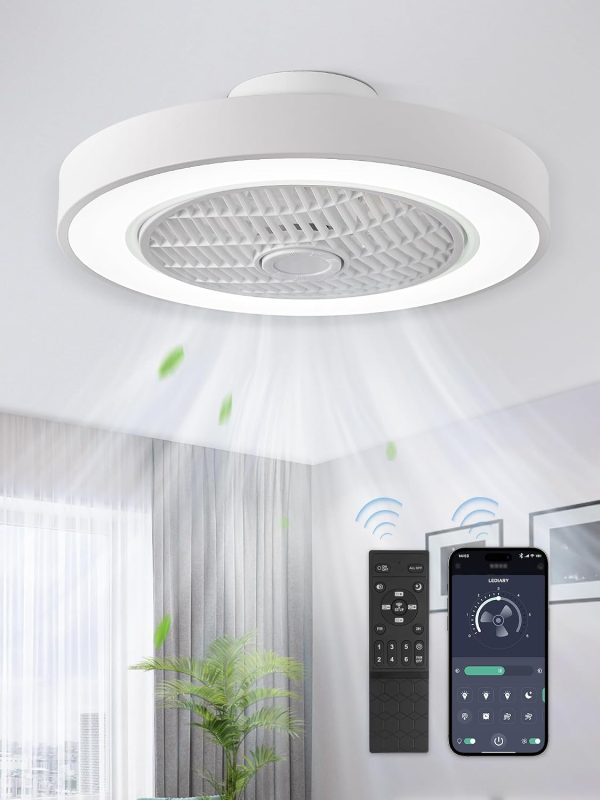 71HqviOvITL._AC_SL1500_.jpg windphoto 20" Bladeless Ceiling Fan with Light, Enclosed Low Profile Flush Mount LED Fandelier with Remote Control