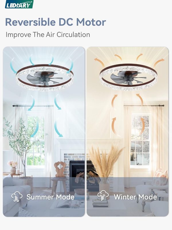windphoto 20" Modern Ceiling Fans with Lights and Remote, Dimmable Low Profile Ceiling Fan, Flush Mount Ceiling Fan, Stepless Color Temperature Change and 6 Speeds - Brown | Fandelier, Dimmable Low Profile, Flush Mount, Stepless Color Temperature Change, 6 Speeds, Bedroom, Living Room, Kitchen