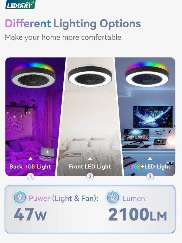 71J2EwoTZ8L._AC_SL1500_.jpg windphoto 20 Inch Low Profile Bladeless LED Ceiling Fan Light, Black RGB | Flush Mount, Modern, 6 Speed Adjustable, 3000-6000K Dimmable, 3000LM, Indoor Bedroom Living Room, Remote/APP Control