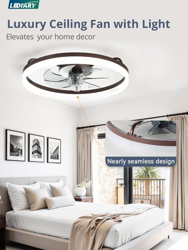 windphoto 20" Low Profile Ceiling Fans with Lights, APP & Remote, Brown | Flush Mount, Dimmable LED, Quiet DC Motor, Reversible, 6 Speeds, Fandelier, for Bedroom