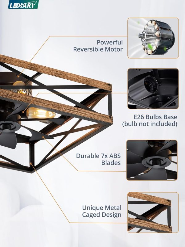windphoto 23 Caged Flush Mount Square Ceiling Fans with Lights and Remote | 6 Speed and Reversible, Small Farmhouse Rustic Bladeless Ceiling Fan Low Profile for Bedroom, Kitchen, Dining Room