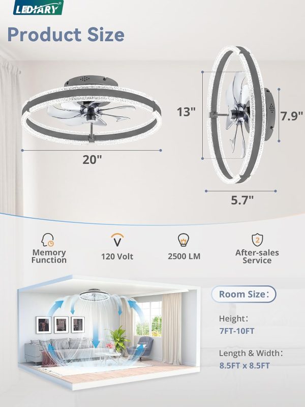 windphoto Ceiling Fans with Lights and Remote, 20'' Low Profile Ceiling Fan with Light, 3000-6000K Dimmable Fandelier Ceiling Fans, Modern Flush Mount Fan Light for Bedroom with 6 Wind Speeds-Sandy Gray | 3000-6000K Dimmable LED, 6 Wind Speeds, Quiet Reversible DC Motor, Small Flush Mount Fandelier for Bedroom, Living Room