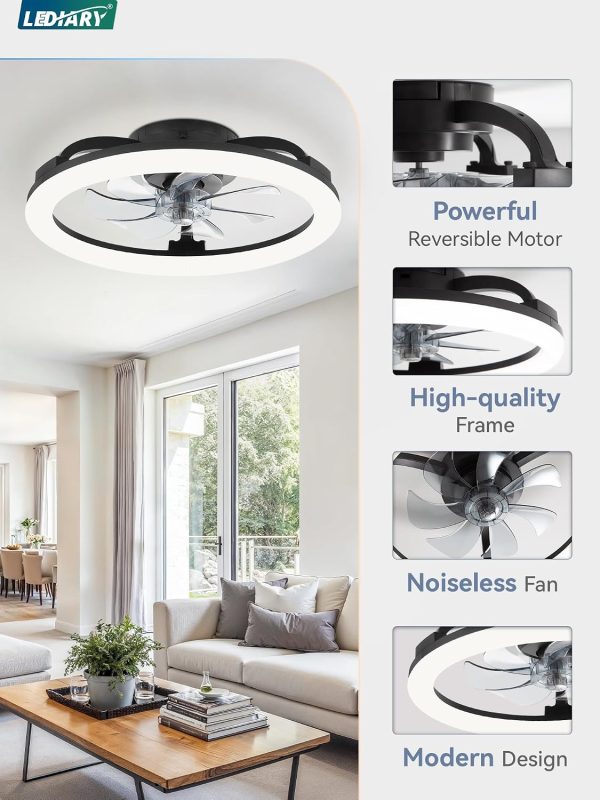 71JNOSen8hL._AC_SL1500_.jpg windphoto 1 Pack 20'' Black Low Profile and 1 Pack 20'' Ceiling Fans, Dimmable Modern Fan Light(3000K-6000K), 6 Speed, Reversible, Flush Mount Ceiling Fans with Lights for Bedroom