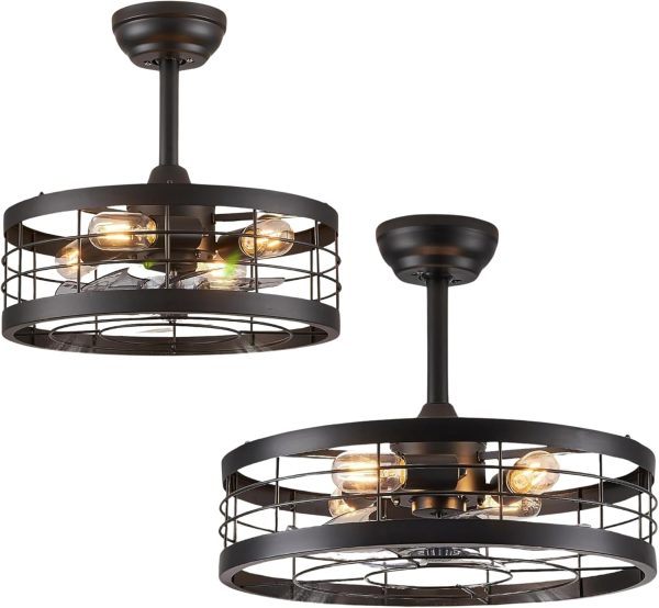 windphoto 16.5 and 20 inch Black Caged Ceiling Fan with Light, Fandelier Industrial Ceiling Fan with Remote, Farmhouse Fan Lights Ceiling Fixtures for Kitchen, Bedroom, Outdoor6 Speed, Timing