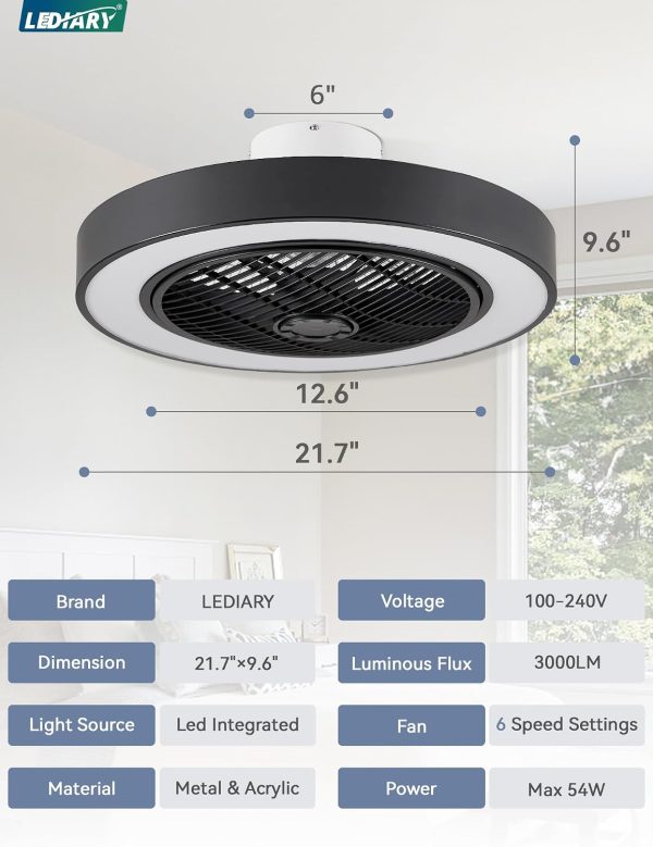71JZHl6bEWL._AC_SL1500_.jpg windphoto 22in Bladeless Enclosed LED Ceiling Fan Light with Remote, Black | Flush Mount, Modern, 6 Speed Adjustable, 3000-6000K Dimmable, 3000LM, Indoor Bedroom Living Room, Remote/APP Control