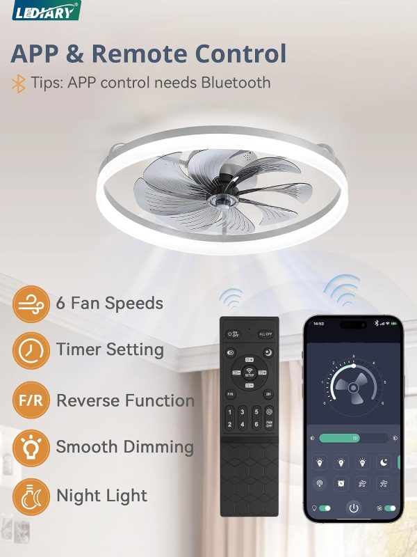 windphoto 23" Low Profile Ceiling Fans with Lights, APP & Remote, Grey | Flush Mount, Dimmable LED, Quiet DC Motor, Reversible, 6 Speeds, Fandelier, for Bedroom