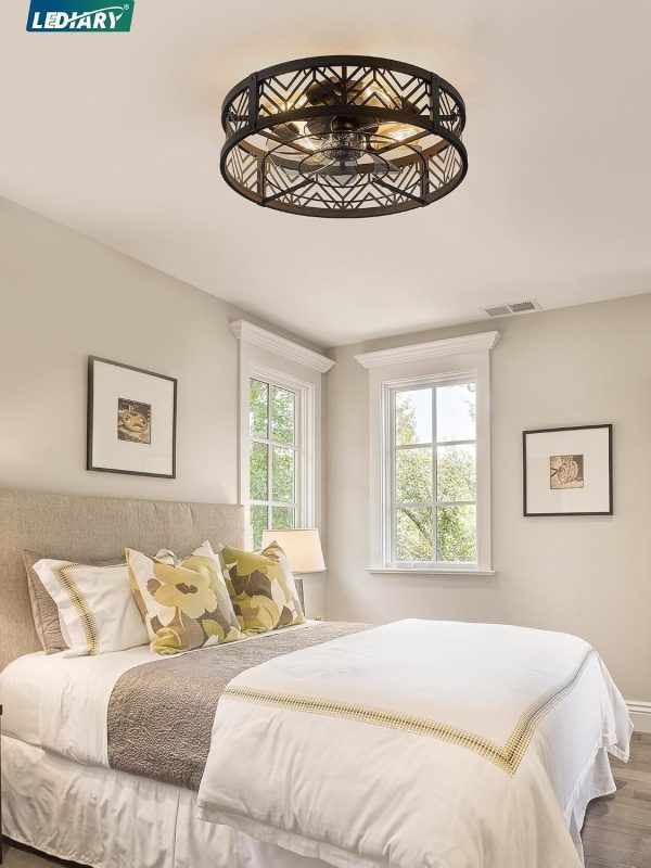 71JjNqfZAOL._AC_SL1500_.jpg windphoto 20" Caged Ceiling Fan with Light and Remote, Small Fandalier, Black | Flush Mount Low Profile, APP Control, Bladeless Industrial Enclosed, Quiet & Powerful for Bedroom, Kitchen, Dining Room