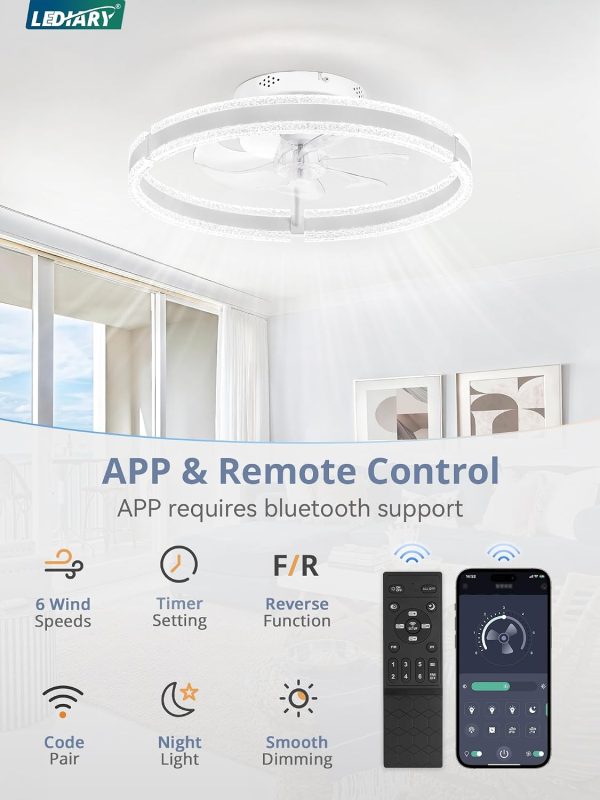 windphoto Ceiling Fans with Lights and Remote, 20'' Low Profile Ceiling Fan with Light, 3000-6000K Dimmable Fandelier Ceiling Fans, Modern Flush Mount Fan Light for Bedroom with 6 Wind Speeds- White | 3000-6000K Dimmable LED, 6 Wind Speeds, Quiet Reversible DC Motor, Small Flush Mount Fandelier for Bedroom, Living Room