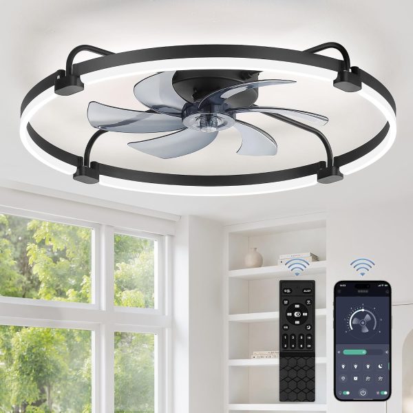 windphoto 30" Low Profile Ceiling Fans with Lights, Remote/APP Control, Black | Wider Airflow, Stepless Dimmable LED, Quiet Reversible DC Motor, 6 Speeds, 3CCT, Timer, Bedroom, Living Room, Kitchen