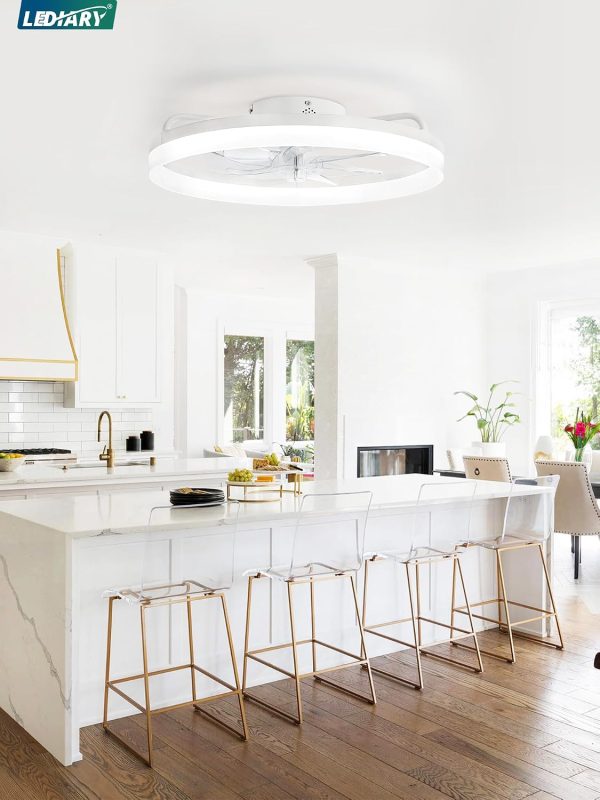 windphoto 20" Low Profile Ceiling Fans with Lights, APP & Remote, White | Flush Mount, Dimmable LED, Quiet DC Motor, Reversible, 6 Speeds, Fandelier, for Bedroom