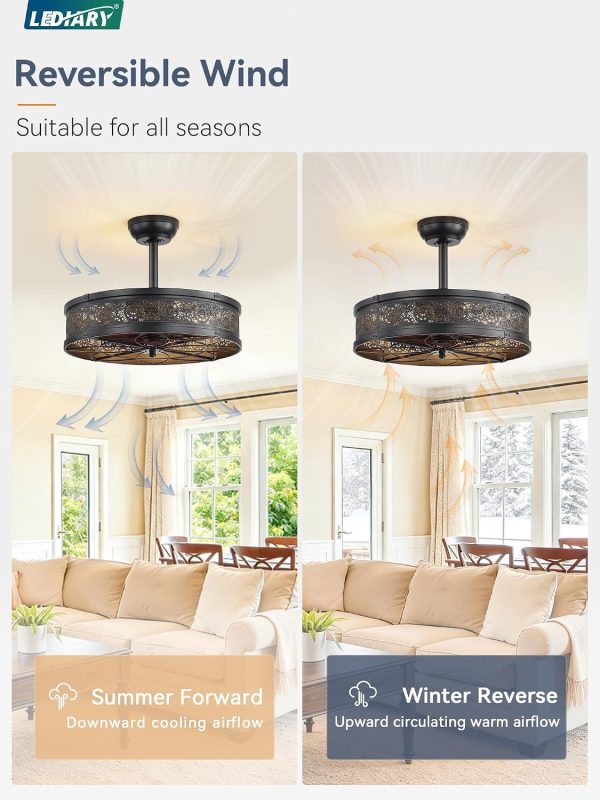 windphoto 20" Caged Farmhouse Victorian Ceiling Fan with Light, Black | Downrod, Bladeless Enclosed Fandelier, 6 Speed, Quiet Powerful DC, Rustic,Vintage, Rustic, Small, Bedroom, Kitchen