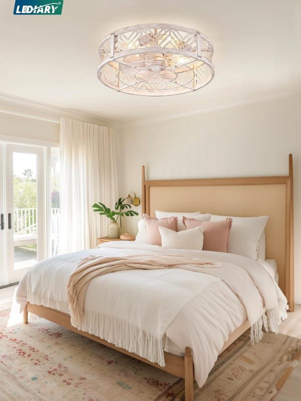 71KG9PD1weL._AC_SL1500_.jpg windphoto Walnut+White Gold Color Caged Ceiling Fans with Lights, White Flush Mount Ceiling Fan with Remote, Small Low Profile Bladeless Ceiling Fan Light Fixture for Bedroom, Kitchen, Dining Room