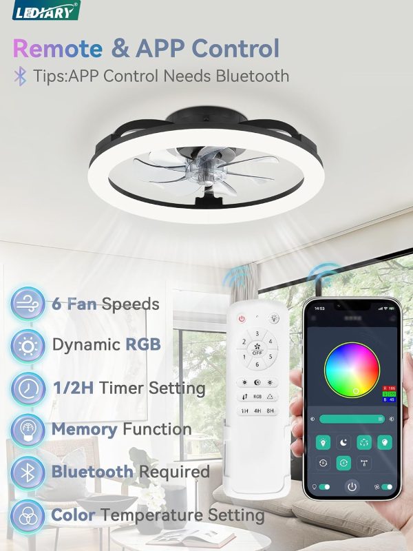 71KXbbZJSL._AC_SL1500_.jpg windphoto RGB Low Profile Ceiling Fans with Lights and Remote, 20 Inch Dimmable Modern Fan Light(3000K-6000K), 6 Speed, Reversible, APP & Remote Control, Flush Mount Ceiling Fan for Bedroom, Black