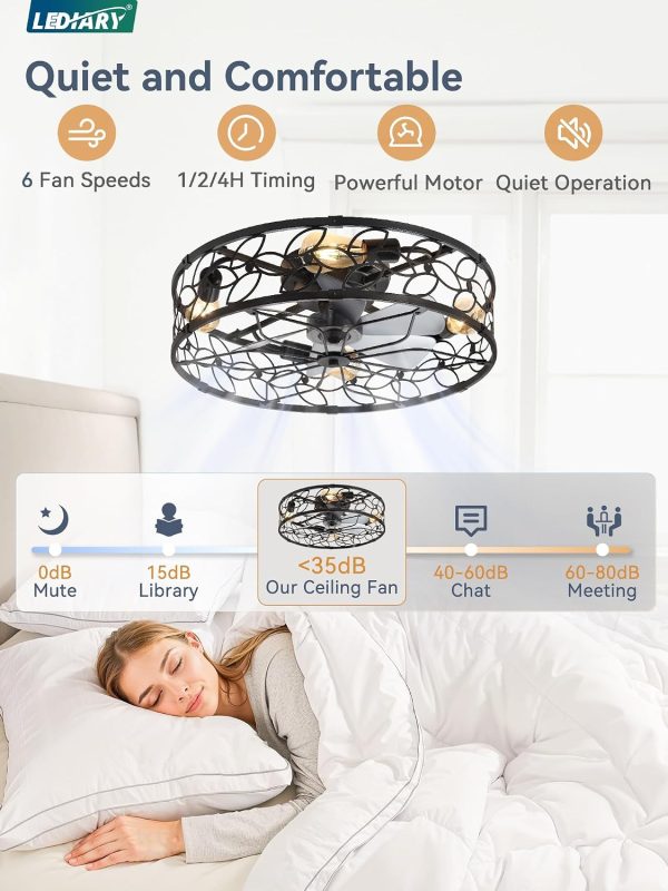 71KnhZdBnDL._AC_SL1500_.jpg windphoto 23" Caged Ceiling Fan with Light, Flush Mount Fandalier with Remote | Low Profile, Farmhouse Large, Bladeless Industrial, Quiet DC Motor, App Control for Bedroom, Kitchen, Dining Room, Black