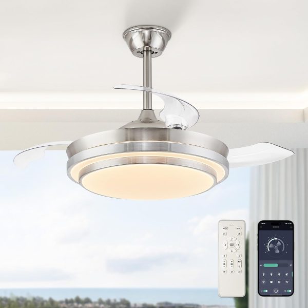 windphoto 42 Inch Retractable Ceiling Fans with Lights and Remote | Fandelier Ceiling Fans with LED Light, Modern Ceiling Fan, Stepless Color Changeable, Dimmable, Timer Setting, Brush Nickel