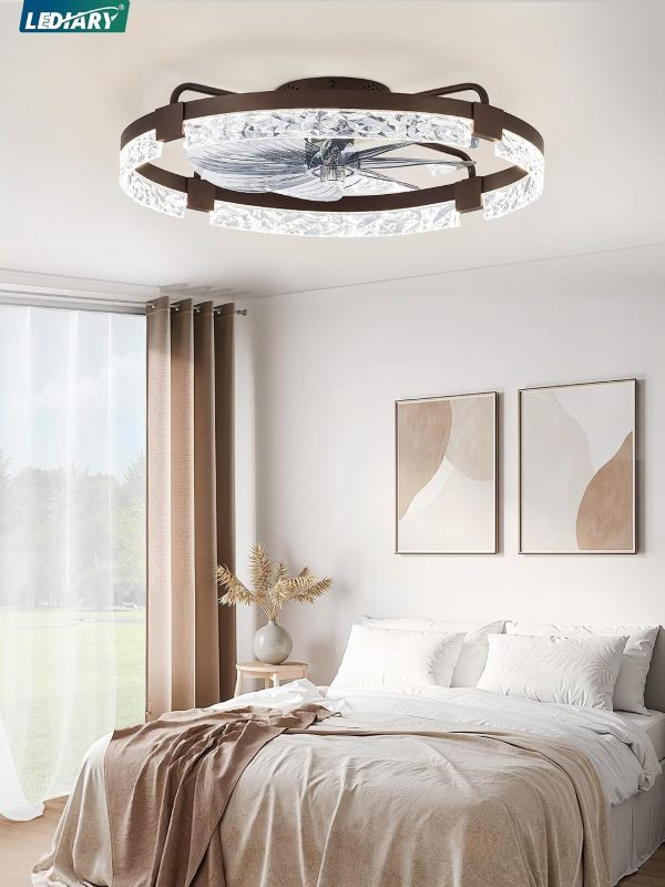 windphoto 24" Low Profile Ceiling Fans with Lights, APP & Remote, Brown | Flush Mount, Fandelier, 3000K-6000K, Dimmable LED, for Bedroom