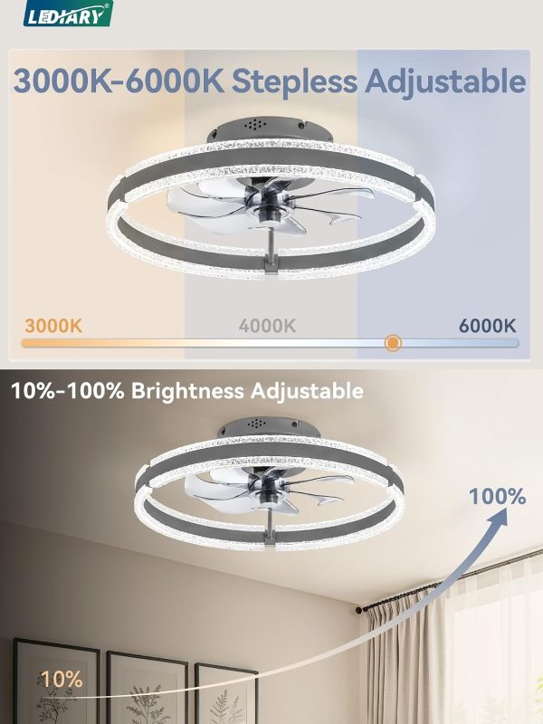 windphoto Ceiling Fans with Lights and Remote, 20'' Low Profile Ceiling Fan with Light, 3000-6000K Dimmable Fandelier Ceiling Fans, Modern Flush Mount Fan Light for Bedroom with 6 Wind Speeds-Sandy Gray | 3000-6000K Dimmable LED, 6 Wind Speeds, Quiet Reversible DC Motor, Small Flush Mount Fandelier for Bedroom, Living Room