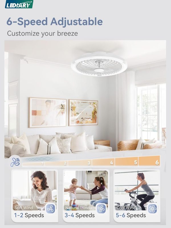 windphoto 20" Low Profile Bladeless Ceiling Fan with Light, Remote&APP, White | Flush Mount, 6 Speed Adjustable, 3000-6000K Dimmable LED, Modern Enclosed Fandelier with Timming, Bedroom, Kids Room