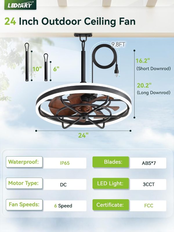windphoto 24" Outdoor Ceiling Fans with Light, IP65 Waterproof Gazebo Fan | Outdoor Fan with Hanging Hook, Remote & App Control, 3CCT Dimmable,Timer, Caged Plug in Ceiling Fan for Patio, Porch, Pergola