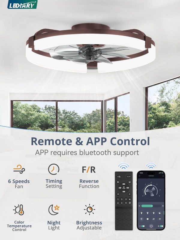 windphoto 20" Ceiling Fans with Lights, Low Profile Fandelier for Bedroom | Flush Mount Fan Light, Stepless Dimmable, App/Remote Control, 3 CCT Led, 6 Speeds, Quiet Reversible DC Motor, Brown