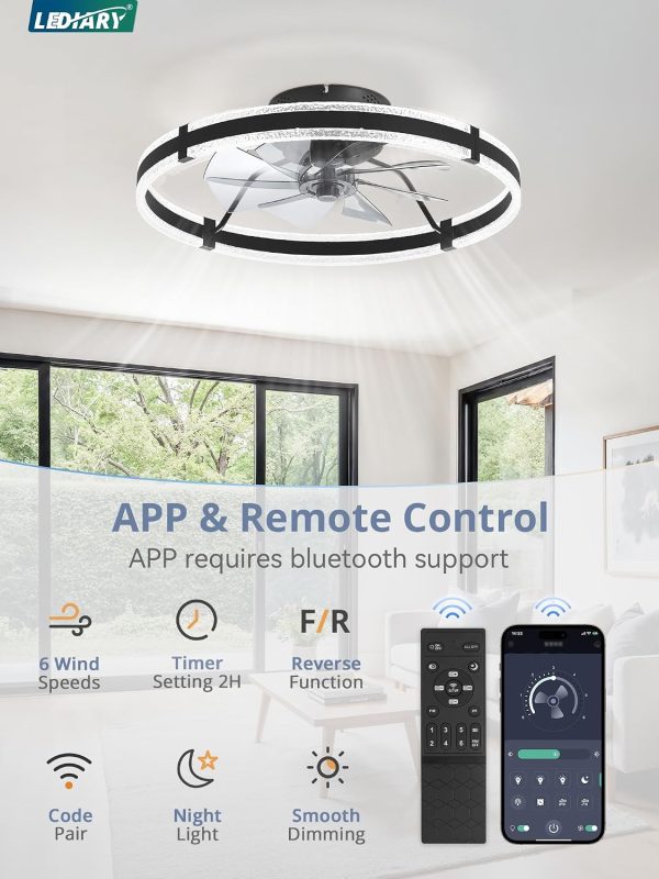 71LCe8nMChL._AC_SL1500_.jpg windphoto 24'' Modern Low Profile Ceiling Fans with Lights and Remote, Black | 3000-6000K Dimmable LED, 6 Wind Speeds, Quiet Reversible DC Motor, Small Flush Mount Fandelier for Bedroom, Living Room