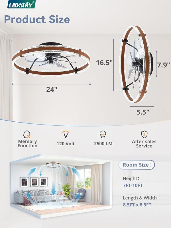 71LFipmzL._AC_SL1500_.jpg windphoto 24'' Modern Low Profile Ceiling Fans with Lights and Remote, Walnut | 3000-6000K Dimmable LED, 6 Wind Speeds, Quiet Reversible DC Motor, Small Flush Mount Fandelier for Bedroom, Living Room