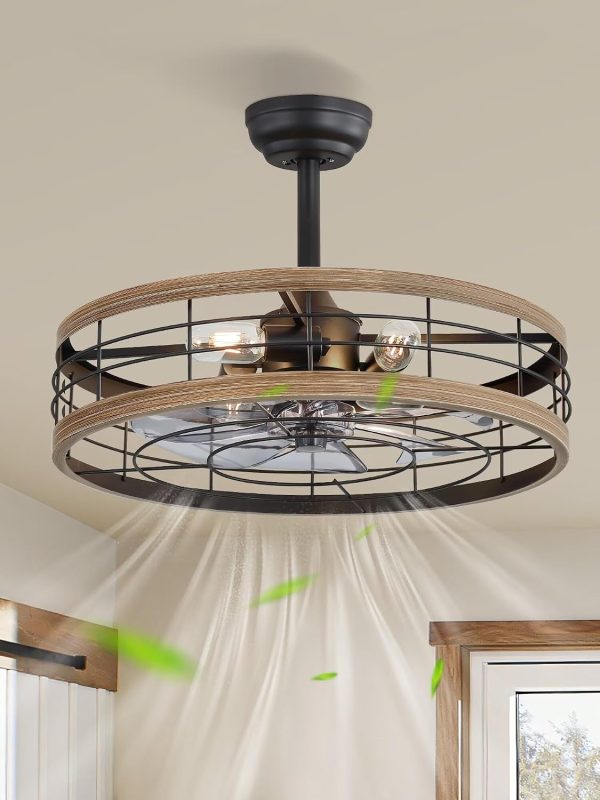 windphoto 22 inch Caged Fandelier Ceiling Fan Light with Remote, Brown | 6 Speed Adjustable,Timing, Quiet & Powerful DC, Large, Farmhouse, Industrial, Enclosed, Bladeless, Bedroom, Kitchen, Downrod