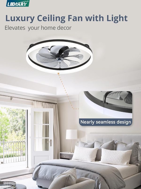 windphoto 23" Low Profile Ceiling Fans with Lights, APP & Remote, Black | Flush Mount, Dimmable LED, Quiet DC Motor, Reversible, 6 Speeds, Fandelier, for Bedroom