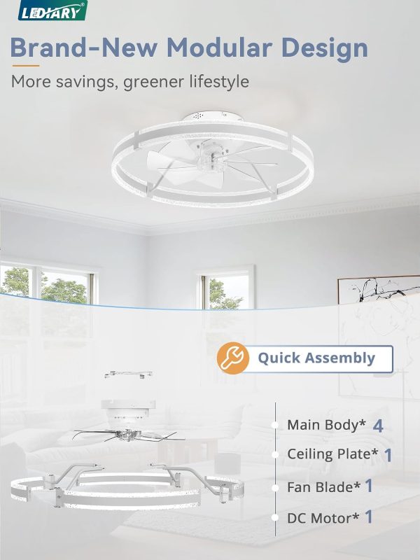 windphoto 24'' Modern Low Profile Ceiling Fans with Lights and Remote, White | 3000-6000K Dimmable LED, 6 Wind Speeds, Quiet Reversible DC Motor, Small Flush Mount Fandelier for Bedroom, Living Room