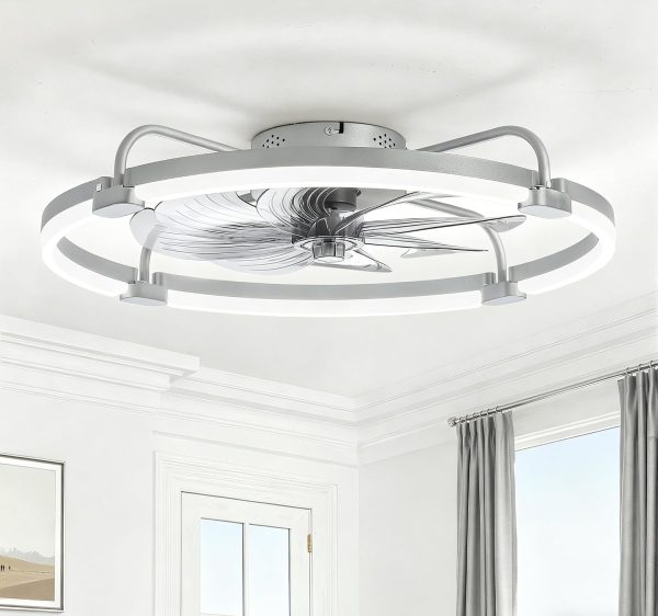 windphoto 24" Ceiling Fans with Lights and Remote, Low Profile Led Fan Light | Flush Mount, Stepless Dimmable Fandelier, 6 Speeds, 3 CCT, Quiet Reversible DC Motor, 2H Timer, Bedroom, Living Room, Grey