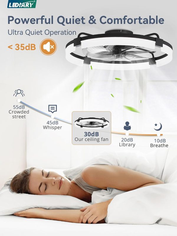 windphoto 24" Ceiling Fans with Lights, Low Profile Fandelier for Bedroom | Flush Mount Fan Light, Stepless Dimmable, App/Remote Control, 3 CCT Led, 6 Speeds, Quiet Reversible DC Motor, Black
