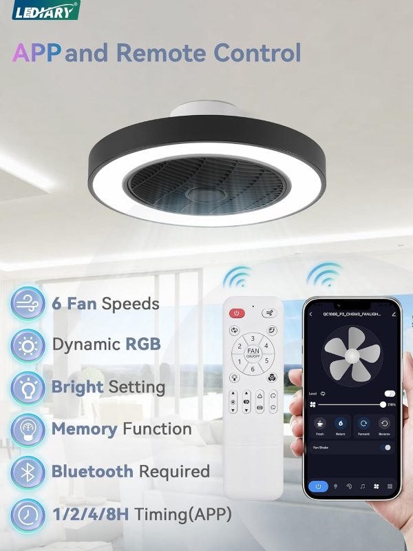 71M-3D0PzoL._AC_SL1500_.jpg windphoto 20 Inch Low Profile Bladeless LED Ceiling Fan Light, Black RGB | Flush Mount, Modern, 6 Speed Adjustable, 3000-6000K Dimmable, 3000LM, Indoor Bedroom Living Room, Remote/APP Control