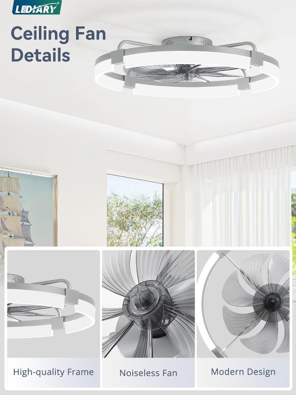 windphoto 24" Ceiling Fans with Lights, Low Profile Fandelier for Bedroom | Flush Mount Fan Light, Stepless Dimmable, App/Remote Control, 3 CCT Led, 6 Speeds, Quiet Reversible DC Motor, Grey