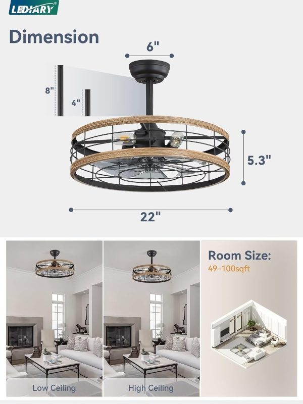 windphoto 22 inch Caged Fandelier Ceiling Fan Light with Remote, Brown | 6 Speed Adjustable,Timing, Quiet & Powerful DC, Large, Farmhouse, Industrial, Enclosed, Bladeless, Bedroom, Kitchen, Downrod