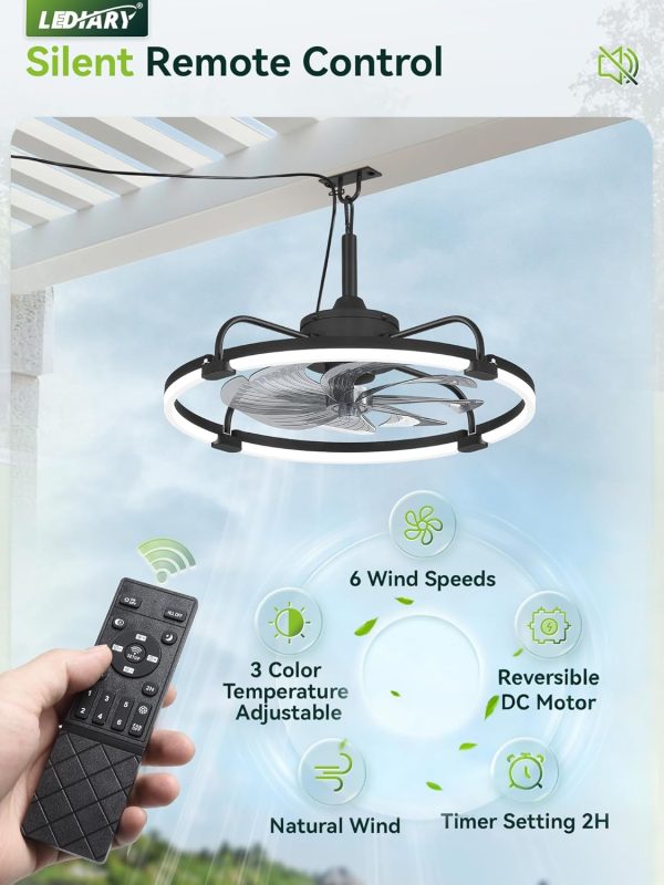 windphoto 24" Waterproof Black Outdoor Ceiling Fan with Light for Gazebo | IP65 Wet Rated,APP Control,6-Speeds,3CCT Dimmable,Reverse DC Motor,Suitable for 12' x 14' Area,Plug In for Patio,Porch