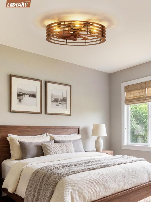 windphoto 23" Caged Low Profile Enclosed Ceiling Fan Light with Remote | Flush Mount, Bladeless Enclosed Fandelier, 6 Speed, Quiet Reversible DC, Rustic, Victorian, Rustic, Bedroom, Kitchen
