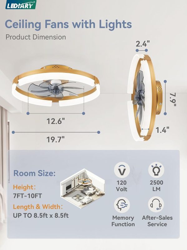 71NOpjQAvfL._AC_SL1500_.jpg windphoto 19.7" Ceiling Fans with Lights, Low Profile Fandelier for Bedroom | Flush Mount Fan Light, Stepless Dimmable, App/Remote Control, 3 CCT Led, 6 Speeds, Quiet Reversible DC Motor, Gold