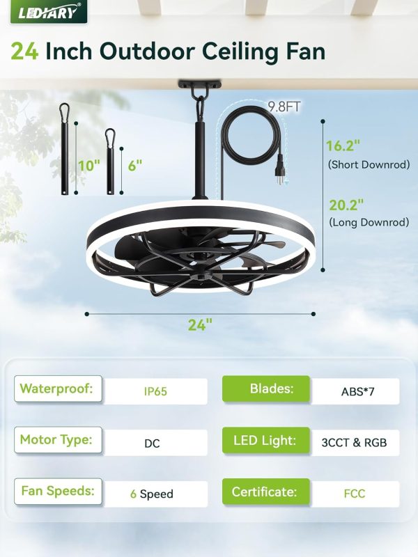 71NX2a3L62L._AC_SL1500_.jpg windphoto 24 Outdoor RGB Ceiling Fans with Light, IP65 Waterproof Gazebo Fan | Outdoor Fan with Hanging Hook, App Control, 3CCT Dimming & RGB Color, Caged Plug in Ceiling Fan for Patio, Porch, Pergola