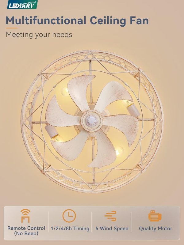 71NjOowLYUL._AC_SL1500_.jpg windphoto 23 Inch Caged Flush Mount Ceiling Fans with Lights, White Gold | Low Profile, Farmhouse, Bladeless Enclosed Fandelier, Small, 6 Speed, Quiet Powerful DC, Bedroom, Kitchen, Living Room,